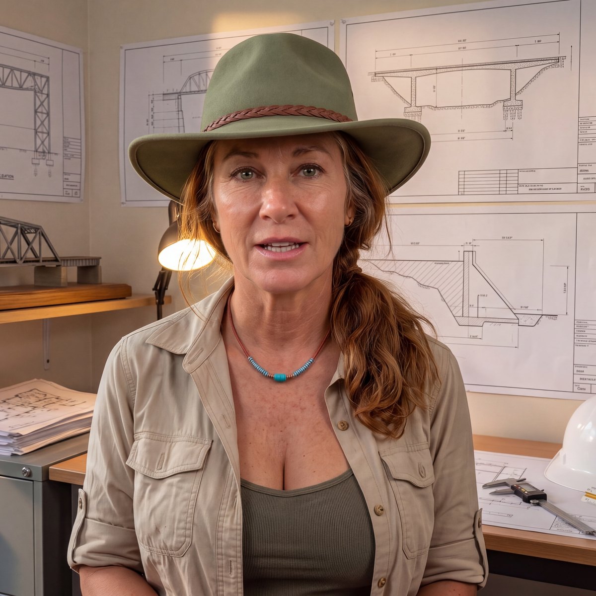 Eleanor at her desk, with bridge and dam drawings pinned behind her.